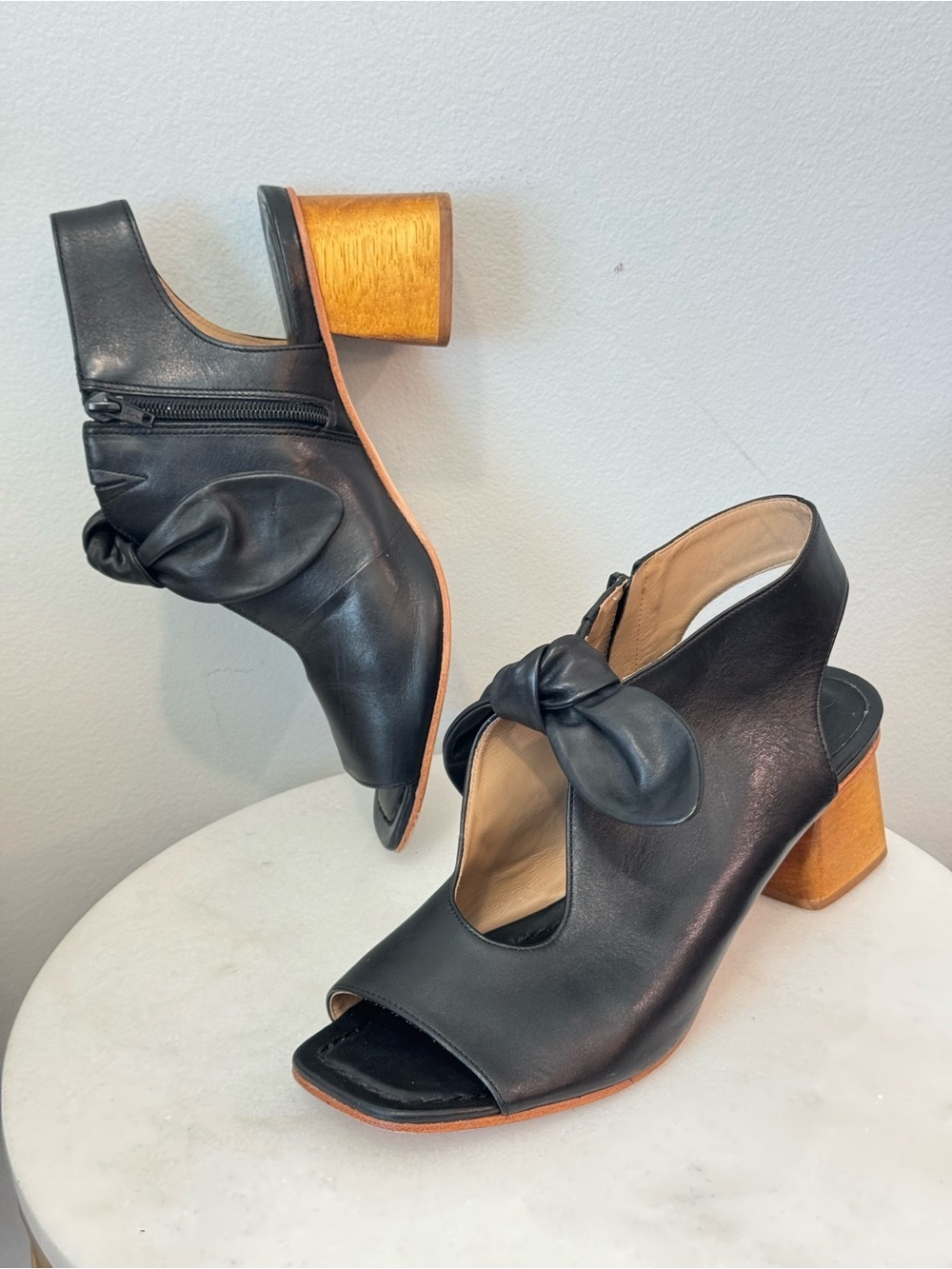 Bernardo Black Leather Open-Toe Knot Block Heel Sandals